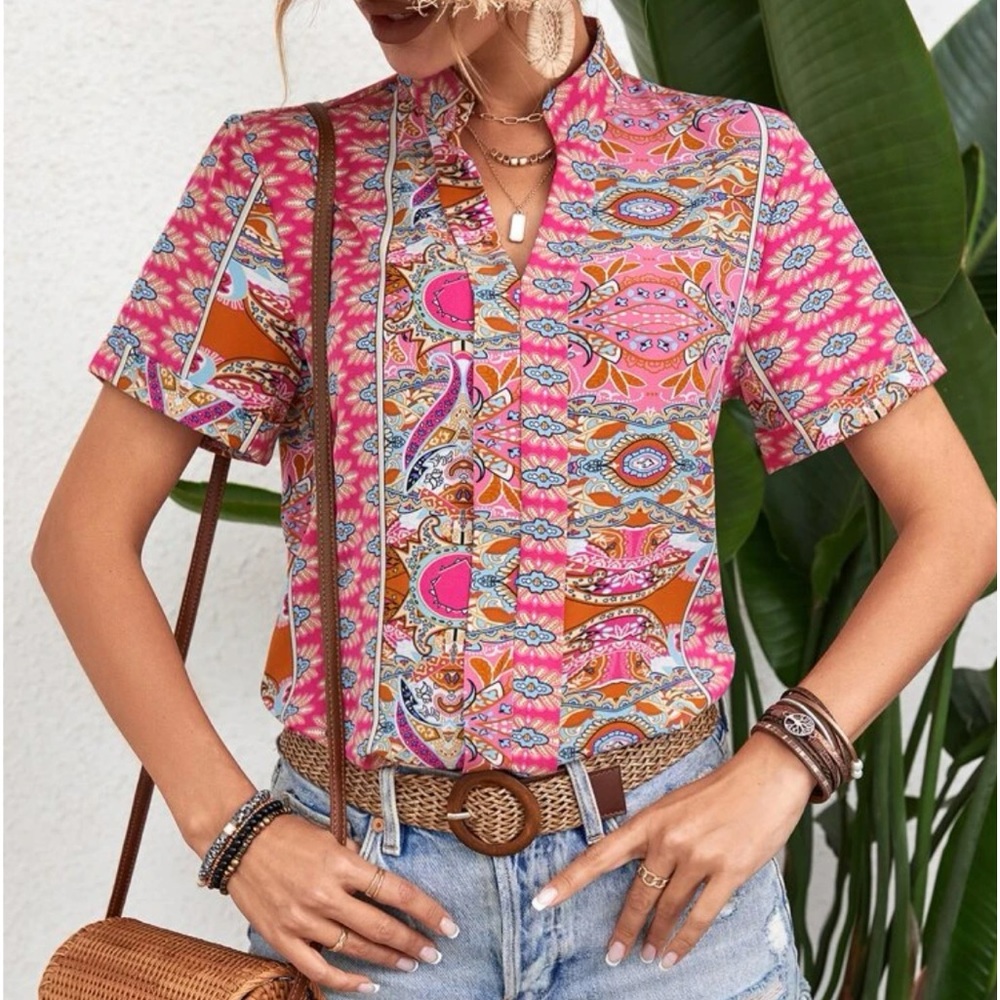 Boho Floral Paisley Print Top Blouse Shirt Green - Picture 12 of 16